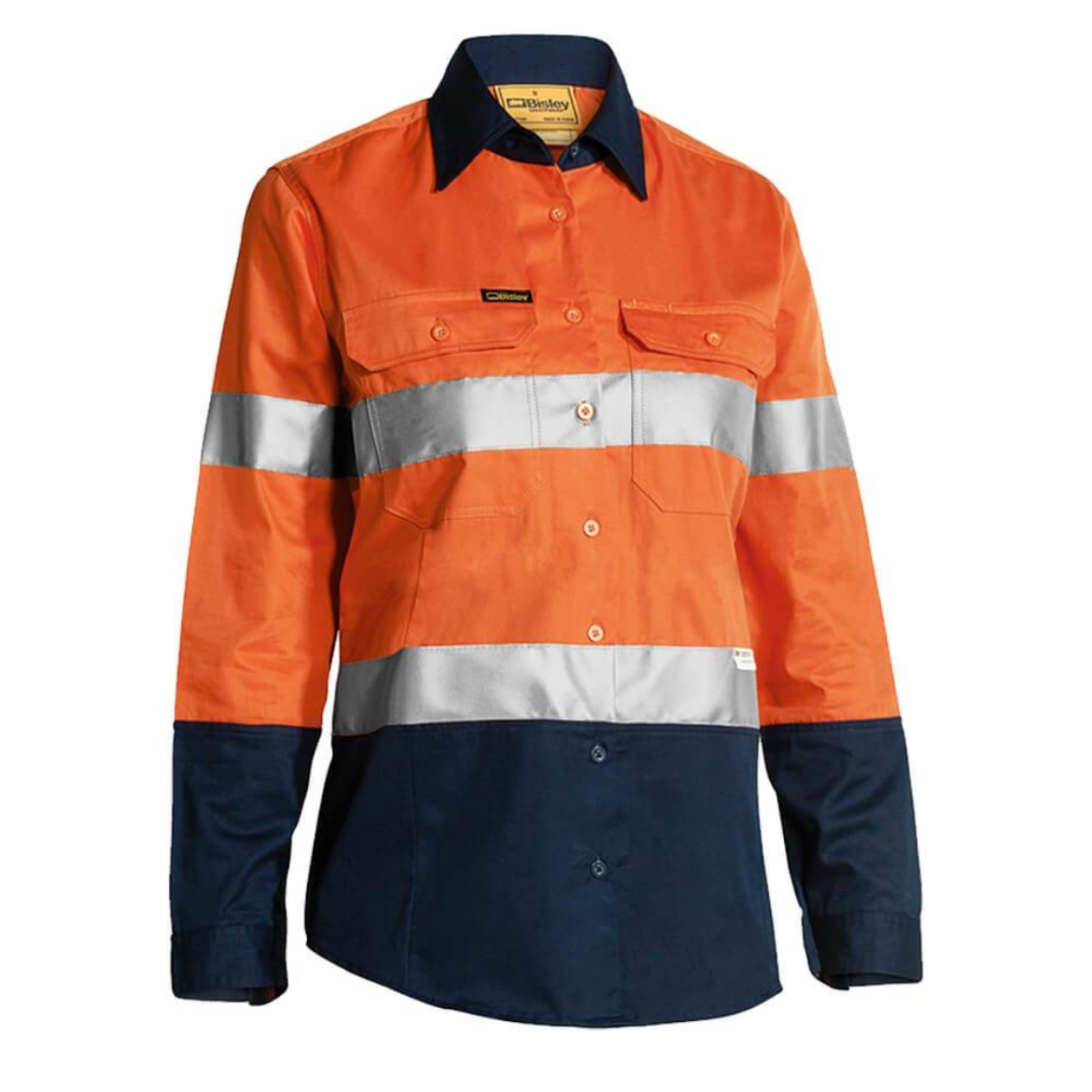 Picture of Bisley Women's Taped Hi Vis Cool Lightweight Drill Shirt ORANGE/NAVY